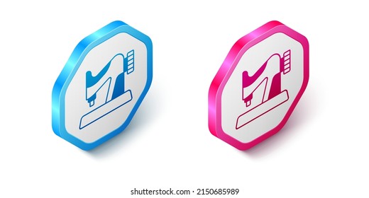 Isometric Sewing machine icon isolated on white background. Hexagon button. Vector