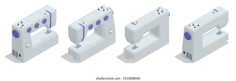 Isometric Sewing Machine isolated on white background. Textile industry. Sewing accessories and fabric. Tailoring industry, fashion designer workshop, industry