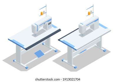 Isometric Sewing machine on table in tailor s workshop on a white background. Textile industry. Sewing accessories and fabric. Tailoring industry, fashion designer workshop, industry concept