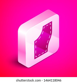 Isometric Sewing Pattern icon isolated on pink background. Markings for sewing. Silver square button. Vector Illustration