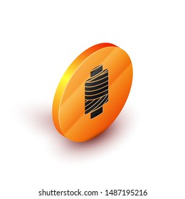Isometric Sewing thread on spool icon isolated on white background. Yarn spool. Thread bobbin. Orange circle button. Vector Illustration