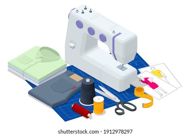 Colección de talleres de costura isométrica. Industria textil. Accesorios y tejidos de coser sobre fondo blanco. Industria de la sastrería, taller de diseñadores de moda, concepto de industria