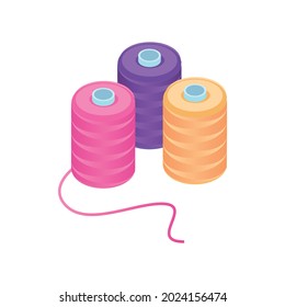 Isometric sewing workshop studio composition with images of three colorful sewing spools vector illustration