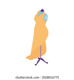 Isometric sewing workshop studio composition with image of yellow female dress on mannequin vector illustration