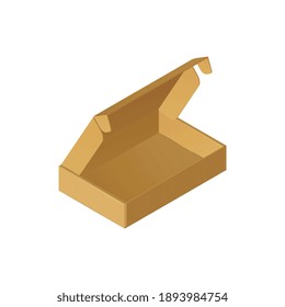 Caja de cartón abierto isométrica poco profunda en fondo blanco ilustración vectorial 3d