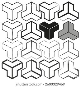 Isometric shape collection. Geometric abstract forms. Black and white vector. Modern design elements.