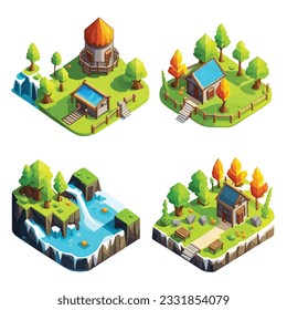 Forma isométrica para los activos de juego. entorno natural para el diseño paisajístico, elementos naturales. Aislado en segundo plano. ilustración vectorial