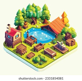 Isometric shape for game assets. nature environment for landscape design, nature elements. Isolated on background. vector illustration