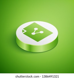 Isometric Share file icon isolated on green background. File sharing. File transfer sign. White circle button. Vector Illustration