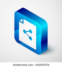 Isometric Share file icon isolated on white background. File sharing. File transfer sign. Blue square button. Vector Illustration