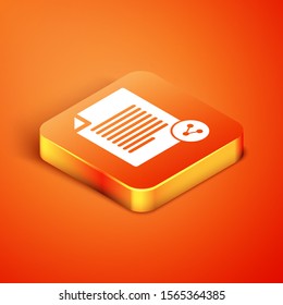 Isometric Share file icon isolated on orange background. File sharing. File transfer sign.  Vector Illustration