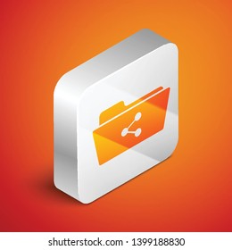 Isometric Share folder icon isolated on orange background. Folder sharing. Folder transfer sign. Silver square button. Vector Illustration