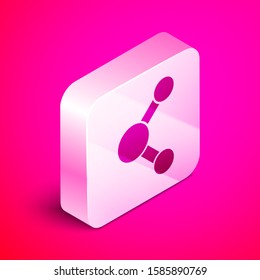 Isometric Share icon isolated on pink background. Sharing, communication pictogram, social media, connection, network, distribute sign. Silver square button. Vector Illustration