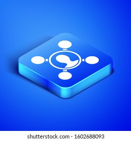 Isometric Share icon isolated on blue background. Sharing, communication pictogram, social media, connection, network, distribute. Blue square button. Vector Illustration