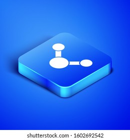 Isometric Share icon isolated on blue background. Sharing, communication pictogram, social media, connection, network, distribute sign. Blue square button. Vector Illustration