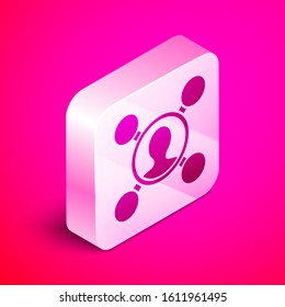 Isometric Share icon isolated on pink background. Sharing, communication pictogram, social media, connection, network, distribute. Silver square button. Vector Illustration