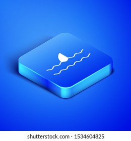 Isometric Shark fin in ocean wave icon isolated on blue background. Blue square button. Vector Illustration