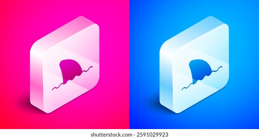 Isometric Shark fin in ocean wave icon isolated on pink and blue background. Silver square button. Vector