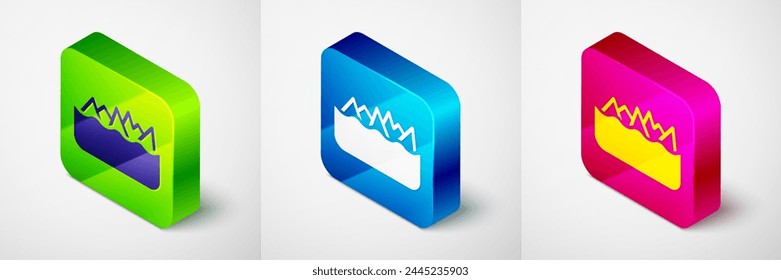 Isometric Sharp stone reefs protruding from the sea, a danger to sea ships and vessels icon isolated on grey background. Square button. Vector