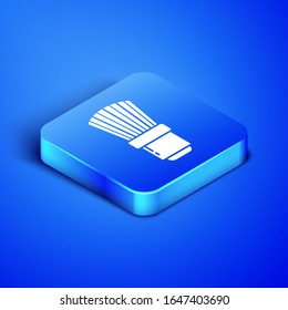 Icono de brocha isométrica de rozamiento aislado en fondo azul. Símbolo de barbería. Botón cuadrado azul.  Ilustración vectorial