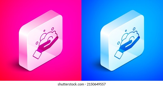 Isometric Shaving gel foam on hand icon isolated on pink and blue background. Shaving cream. Silver square button. Vector