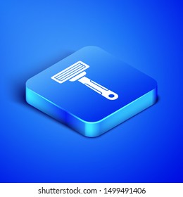 Isometric Shaving razor icon isolated on blue background. Blue square button. Vector Illustration
