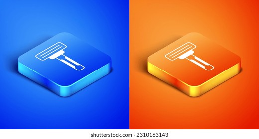 Icono de la afeitadora isométrica Shave aislado sobre fondo azul y naranja. Botón cuadrado. Vector