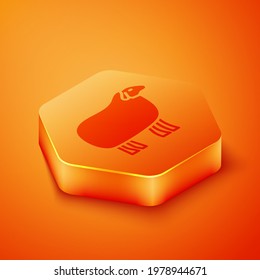Isometric Sheep icon isolated on orange background. Animal symbol. Orange hexagon button. Vector