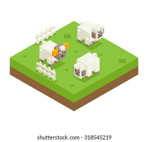 Isometric Sheep Ram Field 3d Icon Symbol Meadow Background Flat Vector Illustration