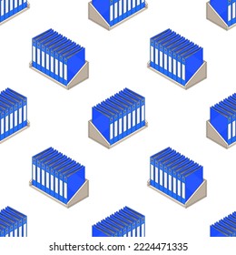 Isometric shelf with folders. Seamless pattern, Office shelf with documents and files in isometry. Office furniture. Sorting important documents. Vector illustration in cartoon style, isolated.