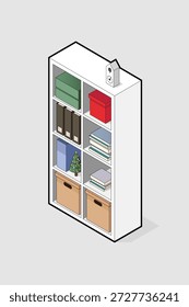 Estanterías isométricas con decoración de libros y objetos. Ilustración vectorial