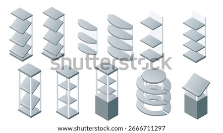Isometric shelving units set. Various configurations with rectangular and curved shelves. Gray storage systems for retail and warehouse displays. Vector illustration isolated on white background.