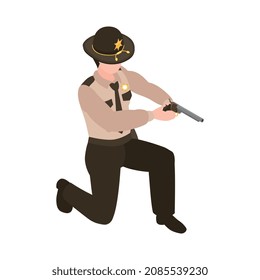 Isometric sheriff composition with character of sheriff standing on knee pointing pistol vector illustration