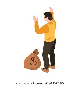 Composición isométrica del sheriff con carácter humano de entrega criminal con saco de ilustraciones vectoriales de dinero