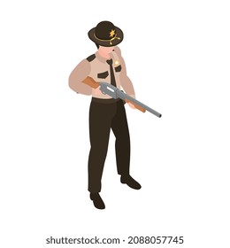 Composición isométrica del sheriff con carácter masculino del sheriff sujetando ilustración vectorial de rifle