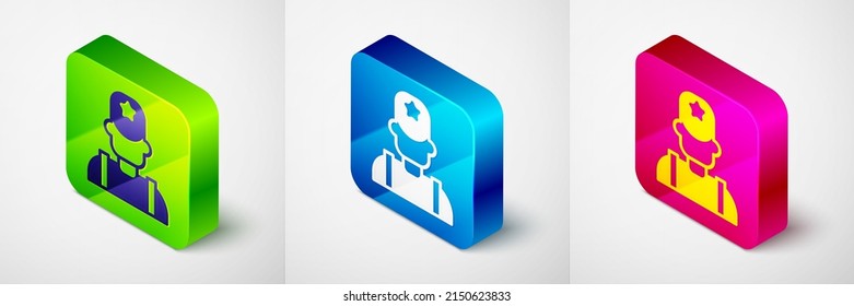 Isometric Sheriff cowboy hat with star badge icon isolated on grey background. Police officer. Square button. Vector