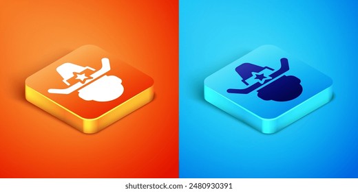 Isometric Sheriff cowboy hat with star badge icon isolated on orange and blue background. Police officer.  Vector