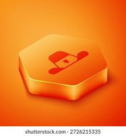 Isometric Sheriff hat with badge icon isolated on orange background. Orange hexagon button. Vector