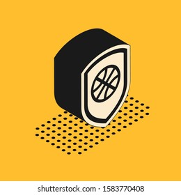 Isometric Shield in the basketball ball inside icon isolated on yellow background.  Vector Illustration