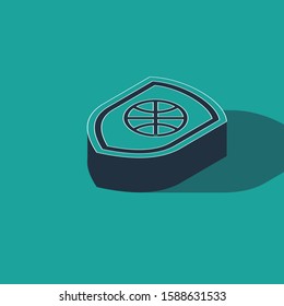Isometric Shield in the basketball ball inside icon isolated on green background.  Vector Illustration