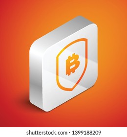 Isometric Shield with bitcoin icon isolated on orange background. Cryptocurrency mining, blockchain technology, bitcoin, security, protect, digital money. Silver square button. Vector Illustration
