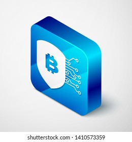 Isometric Shield with bitcoin icon isolated on white background. Cryptocurrency mining, blockchain technology, bitcoin, security, protect, digital money. Blue square button. Vector Illustration