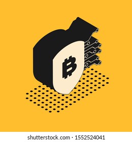 Isometric Shield with bitcoin icon isolated on yellow background. Cryptocurrency mining, blockchain technology, security, protect, digital money.  Vector Illustration