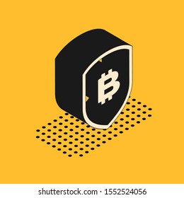 Isometric Shield with bitcoin icon isolated on yellow background. Cryptocurrency mining, blockchain technology, security, protect, digital money.  Vector Illustration