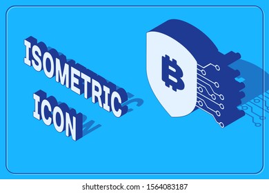 Isometric Shield with bitcoin icon isolated on blue background. Cryptocurrency mining, blockchain technology, security, protect, digital money.  Vector Illustration