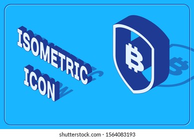 Isometric Shield with bitcoin icon isolated on blue background. Cryptocurrency mining, blockchain technology, security, protect, digital money.  Vector Illustration