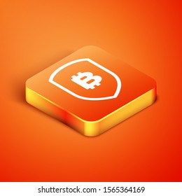 Isometric Shield with bitcoin icon isolated on orange background. Cryptocurrency mining, blockchain technology, security, protect, digital money.  Vector Illustration