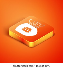 Isometric Shield with bitcoin icon isolated on orange background. Cryptocurrency mining, blockchain technology, security, protect, digital money.  Vector Illustration