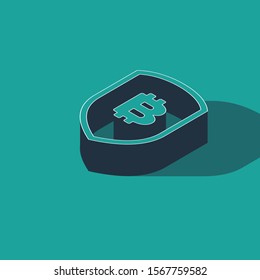 Isometric Shield with bitcoin icon isolated on green background. Cryptocurrency mining, blockchain technology, security, protect, digital money.  Vector Illustration