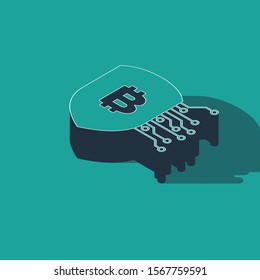 Isometric Shield with bitcoin icon isolated on green background. Cryptocurrency mining, blockchain technology, security, protect, digital money.  Vector Illustration